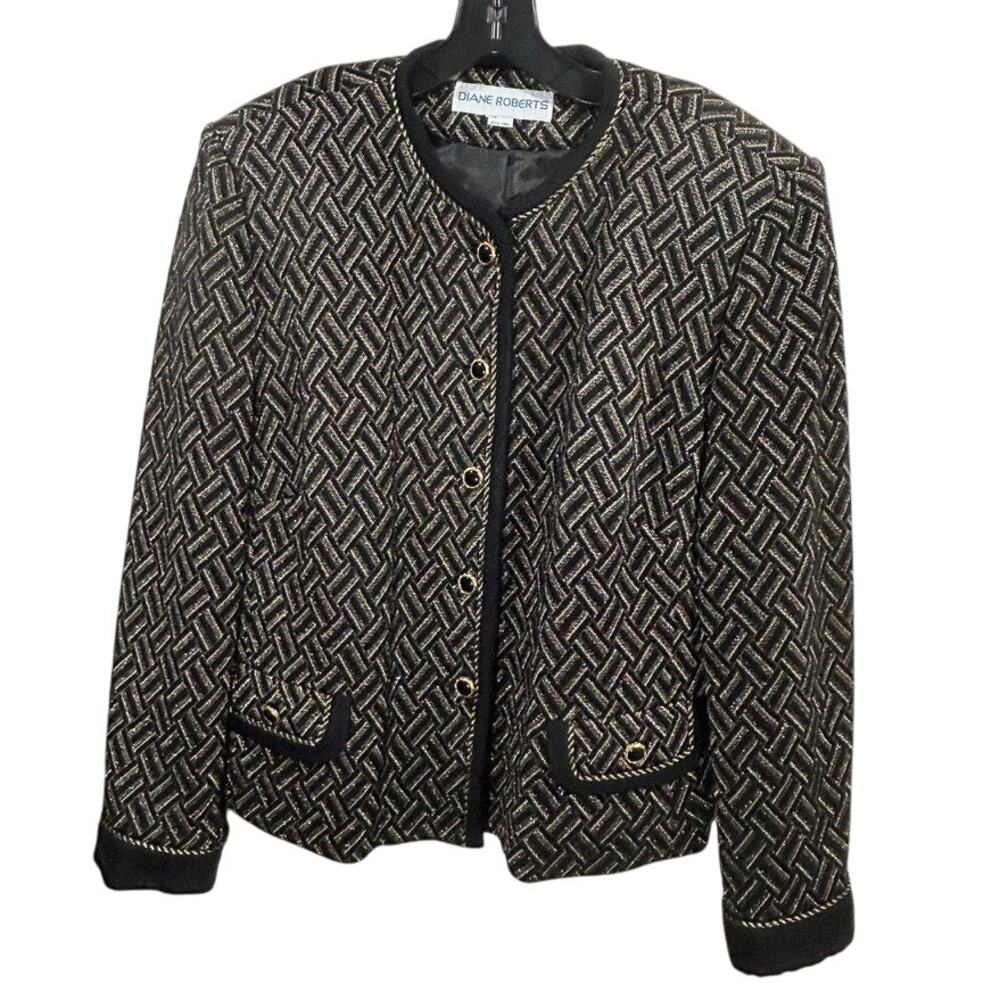 Vintage 80s Diane Roberts Black Gold Jacquard Jacket 18 XL Rope Trim Metallic